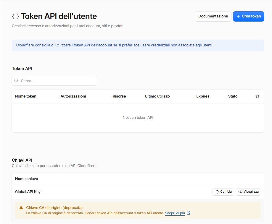 Pagina Cloudflare Token API con il pulsante Crea token