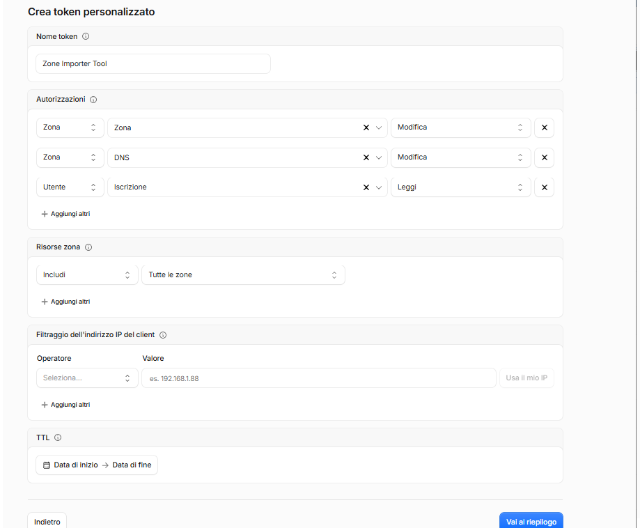 Permessi richiesti per il token Cloudflare di Zone Importer