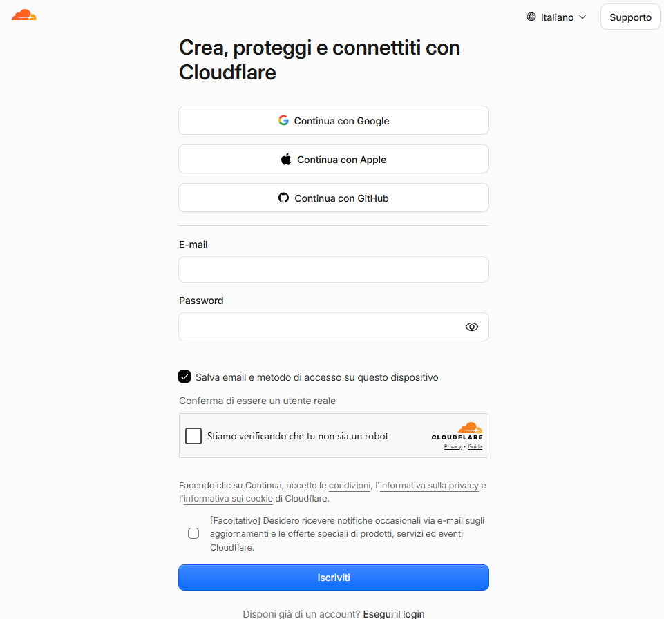 Registrazione di un nuovo account Cloudflare