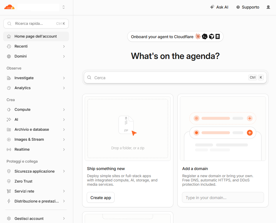Home page del nuovo account Cloudflare dopo la verifica dell'indirizzo e-mail
