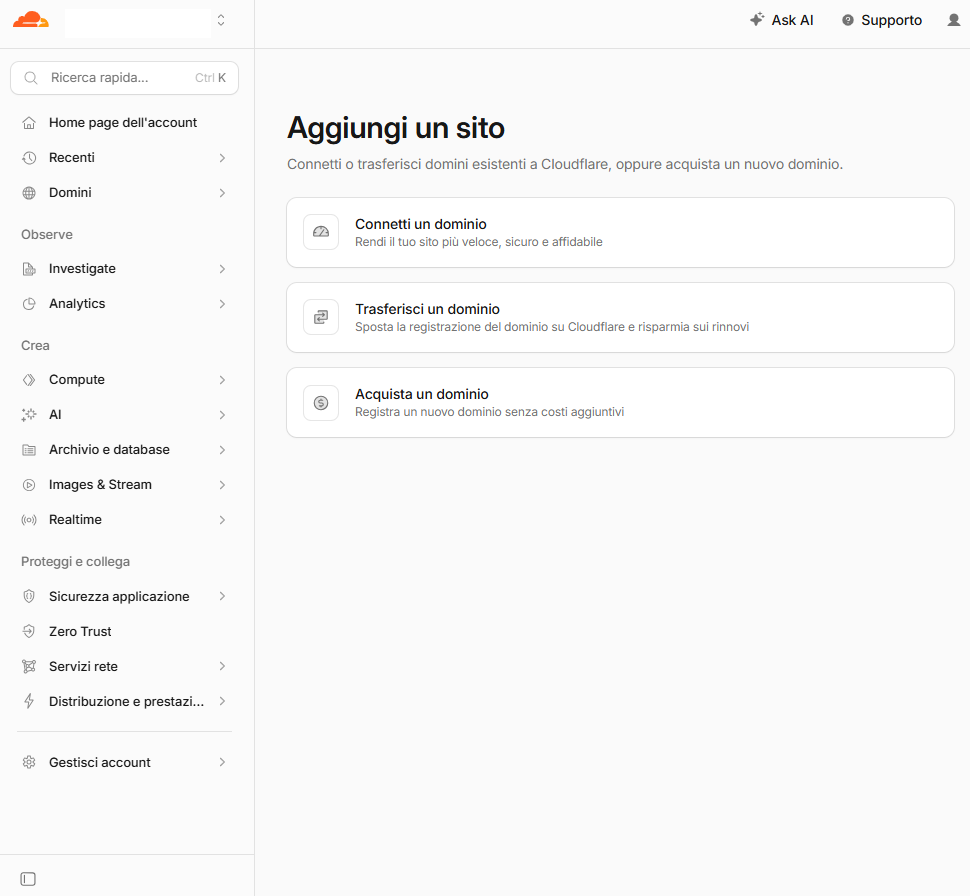 Connessione di un nuovo dominio a Cloudflare