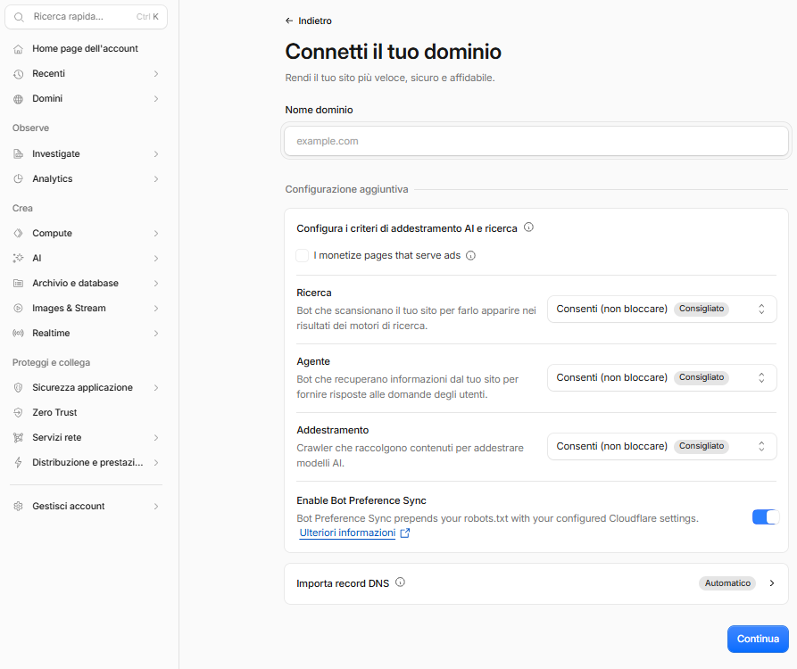 Inserimento del dominio da aggiungere a Cloudflare