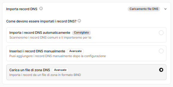 Selezione del caricamento di un file di zona DNS