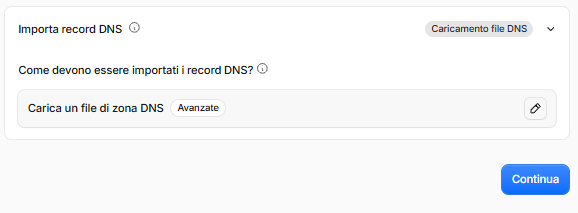 Importazione tramite file di zona DNS selezionata