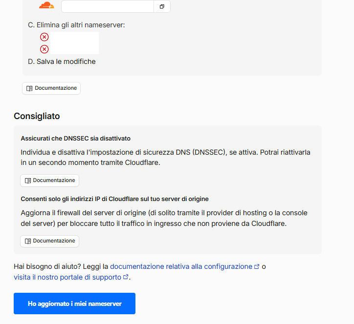 Conferma dell'aggiornamento dei nameserver su Cloudflare