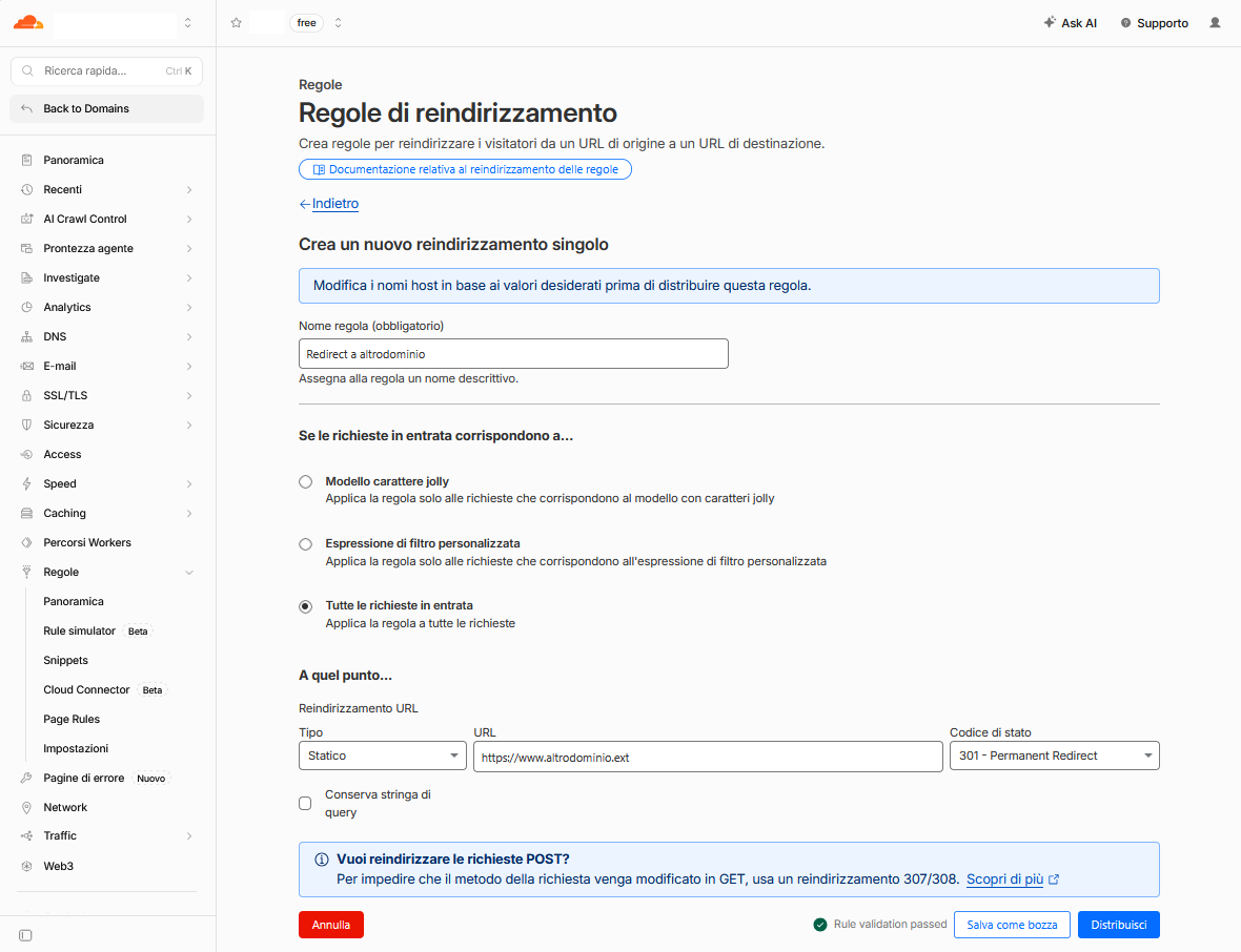 Configurazione del redirect statico permanente su Cloudflare