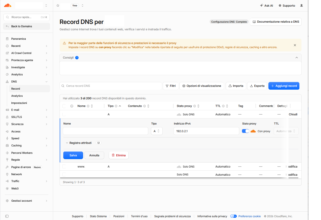 Modifica del record A su Cloudflare