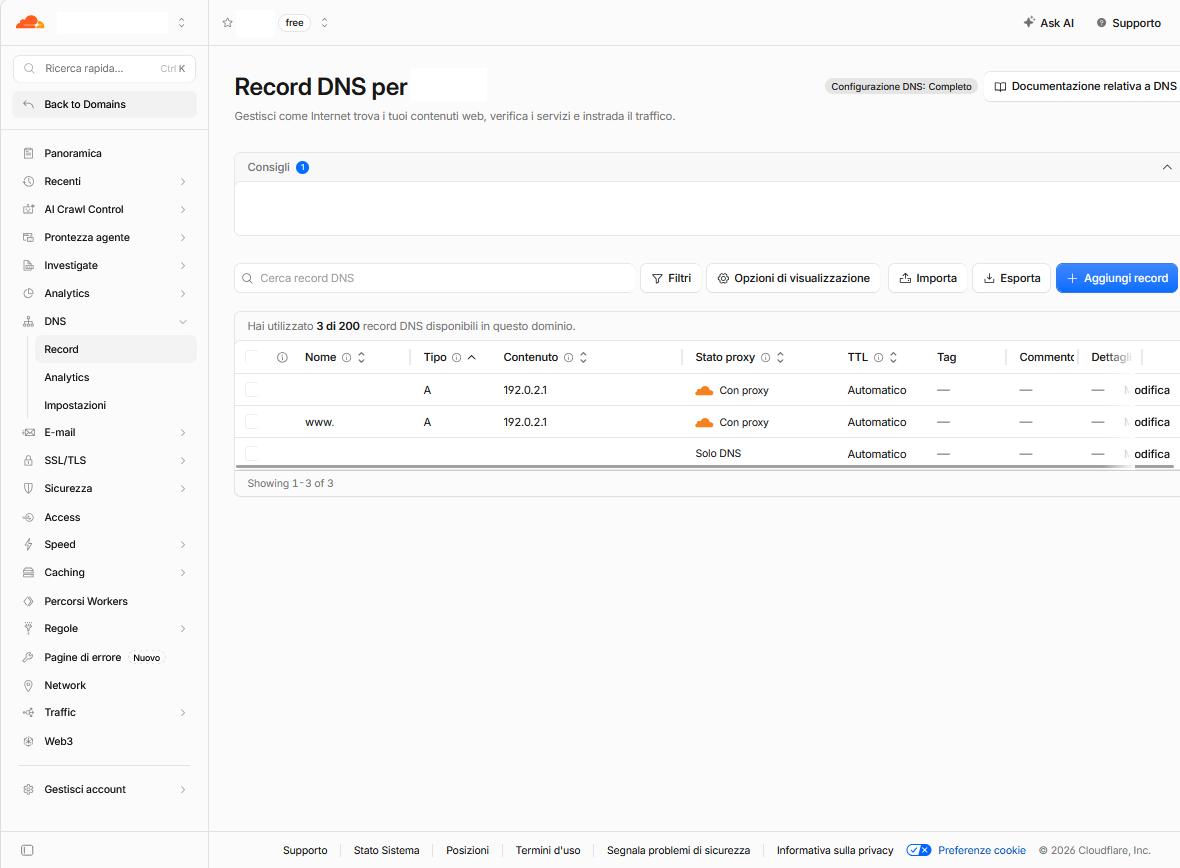 Record DNS configurati per il redirect tramite Cloudflare
